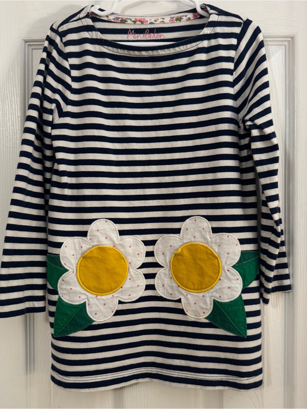 Mini Boden Girl Navy & White Striped Tunic with Daisy Appliqués Long Sleeve